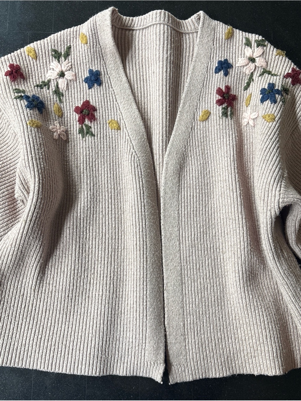Beige Floral Embroidered Ribbed Cardigan Sweater